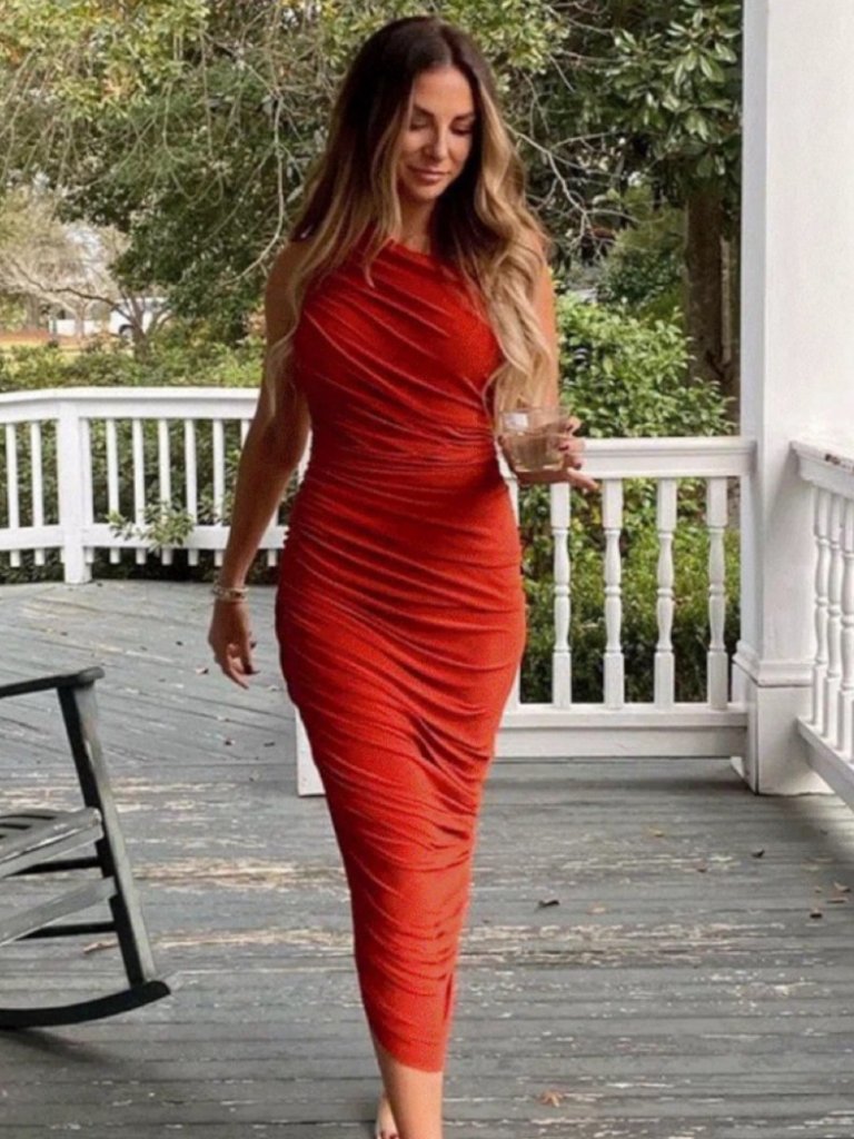 Norma Kamali One-Shoulder Ruched Midi Dress In Burnt Orange — image 3 of 8